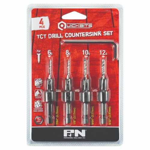 DRILL TCT & COUNTERSINK TCT SET QUICKBITS HEX SHANK 4PC P&N 107DC0004