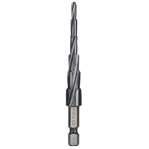 Step Tip Step Drill 10mm Deep Cut Tapping 3.3, 4.2, 5.0, 6.8, 8.5, 10.2mm HSS-Co5 (Cobalt) TiAIN Coated 1/4" Hex Shank Bordo 2612-MD4