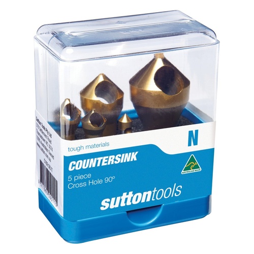 DEBURRING C'SINK SET 5Pce CROSS HOLE HSS TiN 90deg SUTTON C102SC1T