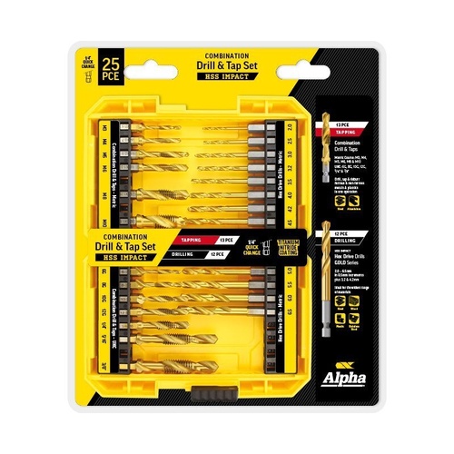 Combination Drill Tap Set With Hex Shank Drills Gold Series Pieces Of 25 Alpha CDT25PB