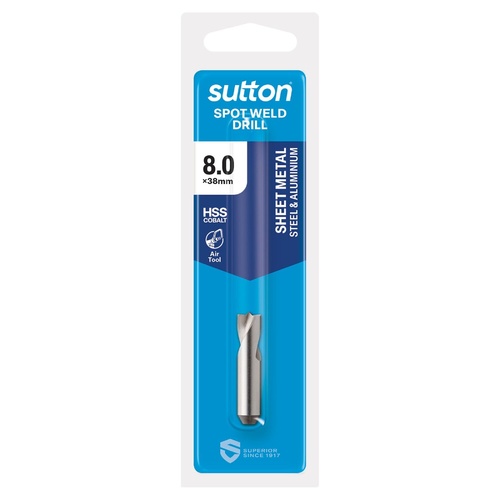 Drill D204 Spot Weld HSS-Cobalt Swan Neck FLT Shank 8 x 8 x 38mm Sutton Tools D2040080
