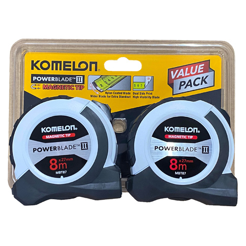 Powerblade II Tape measure with Magnetic Tip Twin pack Both of 8 Metres Komelon MBT8787
