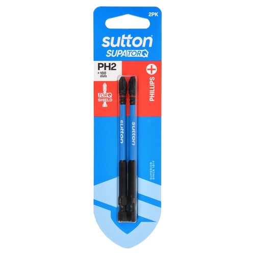 Screwdriver Bit S200 Supa TORQ Phillips PH2 100mm 2Pk Sutton Tools S200H02E02
