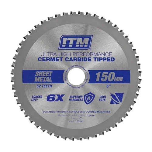 150mm Sheet Metal Cutting Blade, Cermet Carbide Tipped, 52 Teeth ITM SSBL-SM1502052