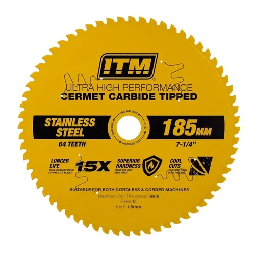 185mm Stainless Metal Cutting Blade, Cermet Carbide Tipped, 64 Teeth ITM SSBL-SS1852064