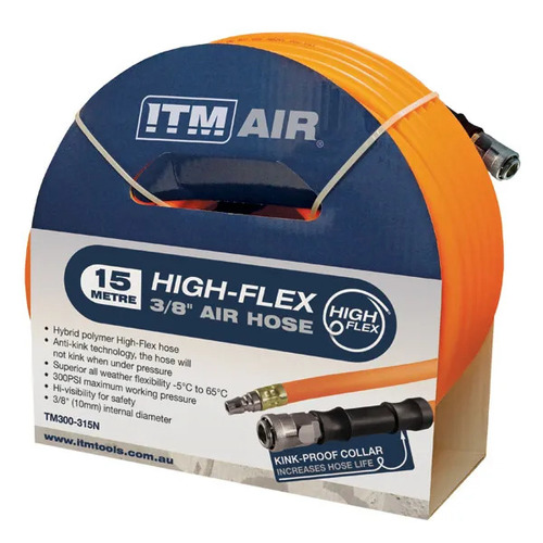 Air Hose, 10mm (3/8") X 15m Hybrid Polymer Air Hose, Comes With Nitto Style Fittings ITM TM300-315N