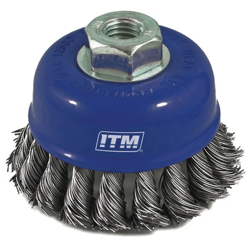 Twist Knot Cup Brush Stainless Steel 75mm With Multi Bore Thread Adaptors ITM TM7000-275