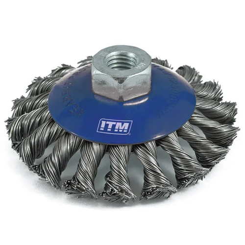 Twist Knot Bevel Brush Stainless Steel 100mm with Multi Bore Thread Adaptors ITM TM7002-210