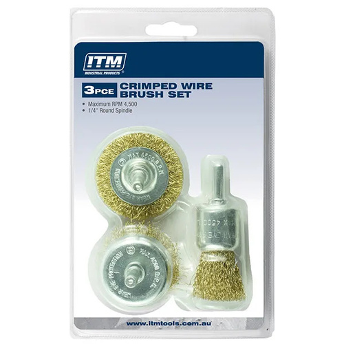 Crimped Wire Brush Kit 3 Piece -50mm Wheel Brush, 50mm Cup Brush And 25mm End Brush ITM TM7016-003