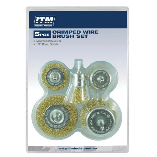 Crimp Wire Brush Kit 5pce: 50mm & 75mm Cup Brush And 50mm & 75mm Wheel Brush & 25mm End Brush ITM TM7016-005 main image